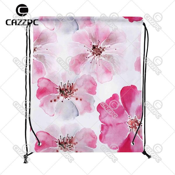 

shopping bags watercolor beautiful pink blossom flowers print custom individual nylon fabric drawstring backpack gift bag pack of 4
