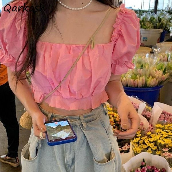 

women's blouses & shirts women pure color puff sleeve cropped sweet lovely college summer simple korean style all-match slim daily retr, White