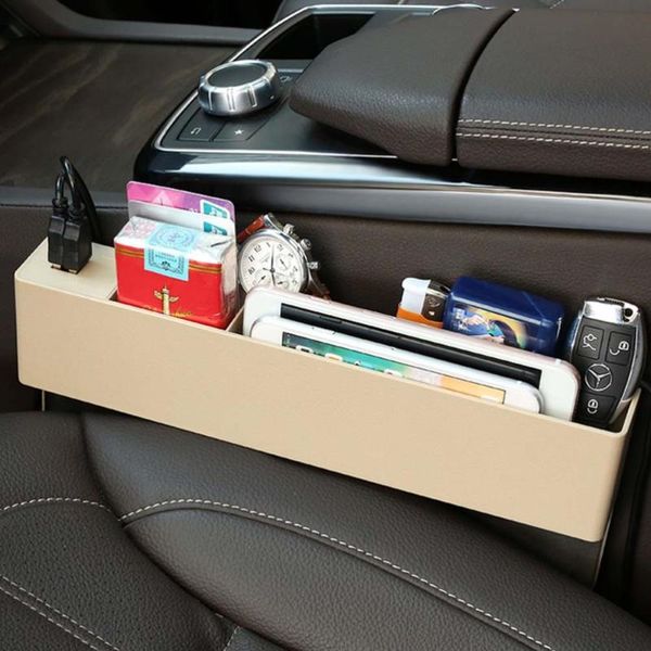 

car organizer dual usb multifunctional storage box voltage display with cigarette lighter plug (beige)