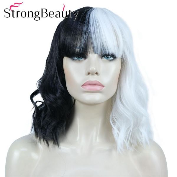 

synthetic wigs strongbeauty wavy with bangs medium length black/white hair heat resistant wowen wig