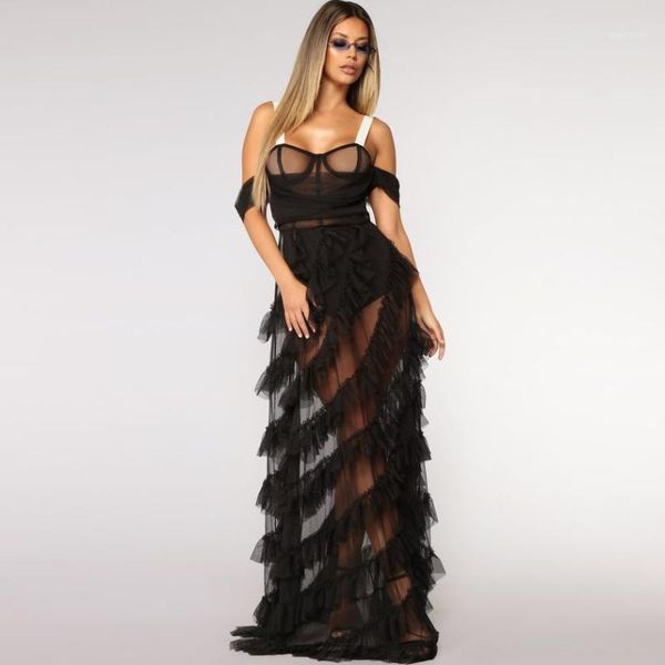 

high end black see thru ruffles straight tulle women dresses sweetheart off the shoulder long robe night gowns casual, Black;gray