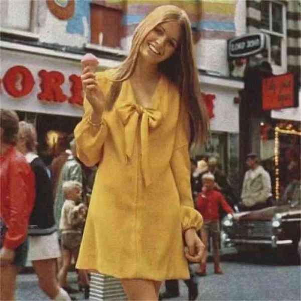 

bowknot lace up yellow vintage chiffon dress women autumn winter long sleeve elegant casual ladies short 210427, Black;gray