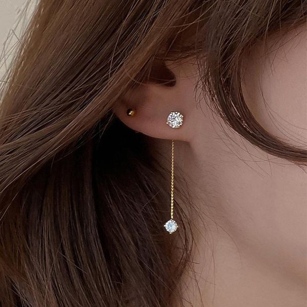 

dangle & chandelier simple zircon long tassel drop earrings for women front and back delicate korean brincos 2021 femme jewelry wholesale, Silver