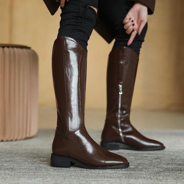 

boots women 2021 winter fashion knee high genuine leather shoes woman party thick heels long, Black