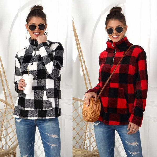 

women's hoodies & sweatshirts women sweatshirt fleece hoodie plaid stand collar zipper long sleeve pullover korean pullovers, Black