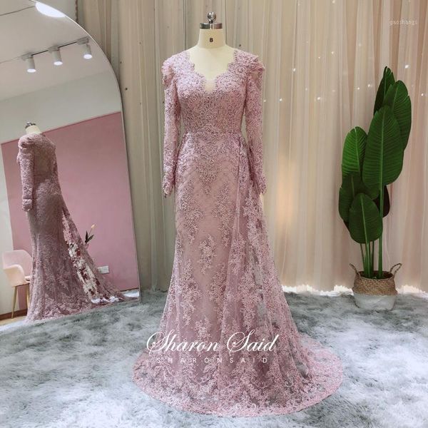 

dusty pink lace mermaid muslim evening dresses long sleeve overskirt luxury dubai formal party gowns arabic women wedding guest1, White;black
