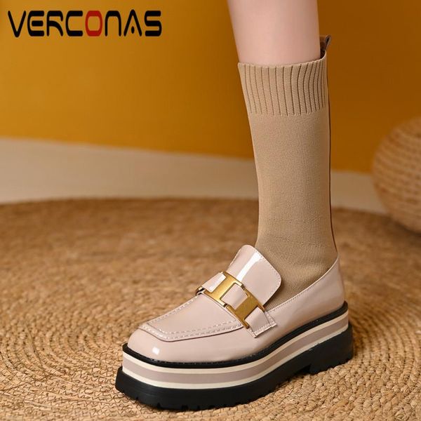 

boots verconas punk woman knee high autumn winter warm cow leather party basic office lady prom metal decoration shoes, Black