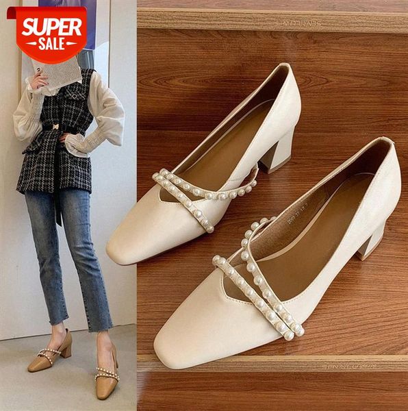 

women's french pearl square toe high heels thick heel korean casual shallow shoes with a word belt #q22y, Black