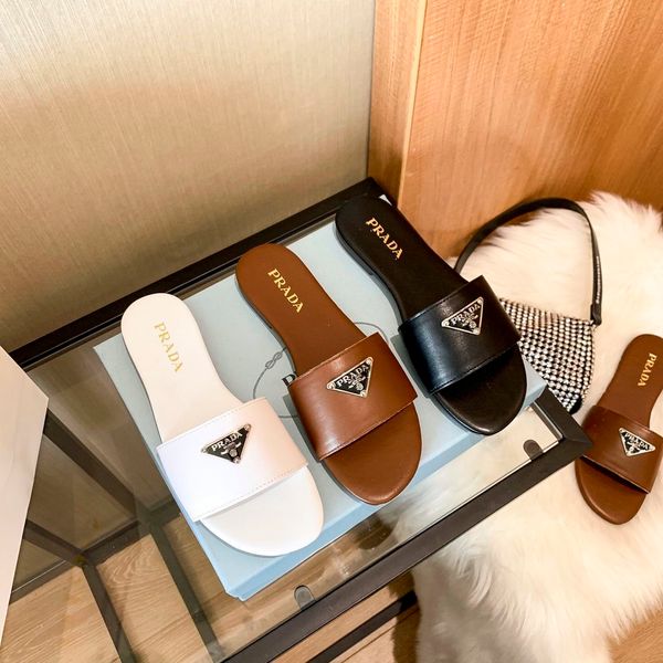 

slippers sandals family triangle genuine leather slippers women's summer new black flat bottomed casual
