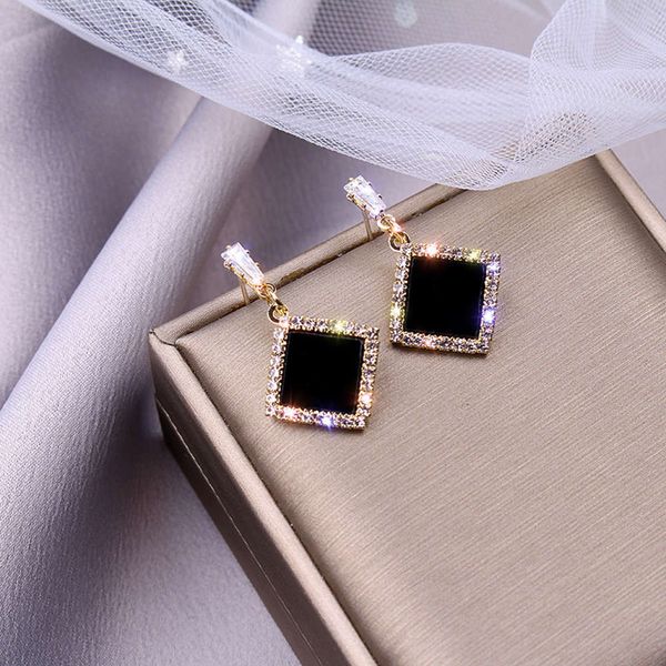 

quality 925 silver needle copper set zircon square earrings