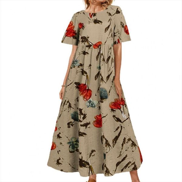 

summer elegant floral print womens dresses short sleeve loose waist o neck maxi a line plus size casual sundress streetwear, Black;gray