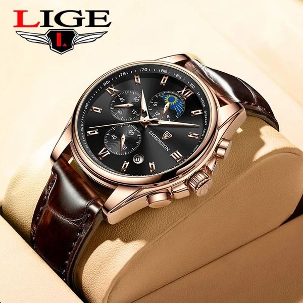 

wristwatches lige men businessgenuine leather watch waterproof quartz for sport chronograph clock male+box, Slivery;brown
