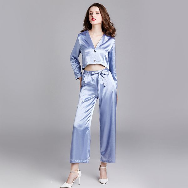 

sleepwear fashion woman 2 piece long pants faux silk pajamas set sleepwear summer spring home wear s768 uh48, Black;red