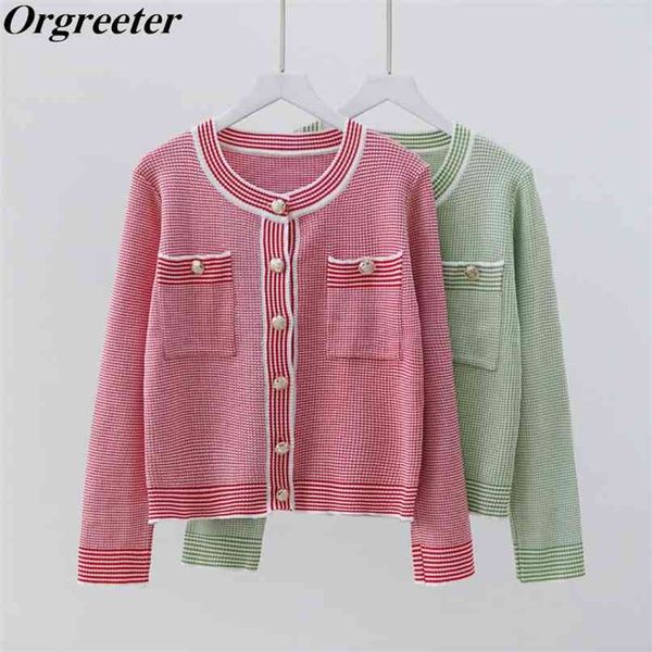 

temperament color-blocking knitted cardigan spring fall fashion thin double pocket plaid sweater jacket outerwear 210602, White;black