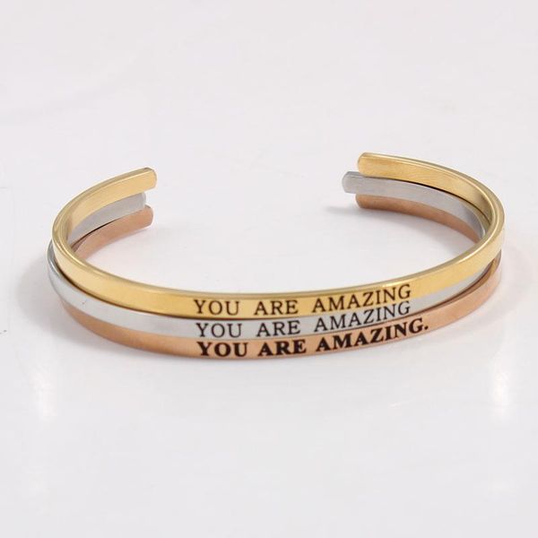 

bangle inspirational stainless steel bar hand imprint you are amazing quote cuff mantra bracelet for women gifts, Black