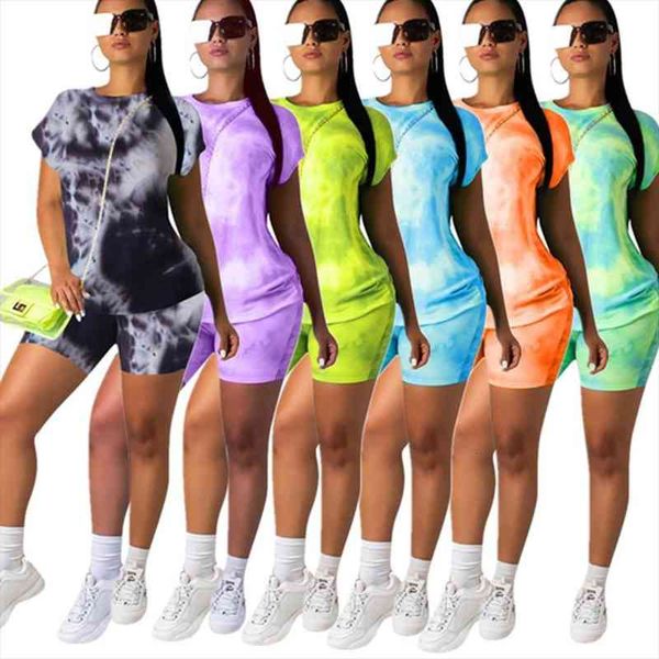 

fashion summer casual tie dye print clothing short sleeve t shirt shorts tracksuits women workout bikers casual clothes set, Gray