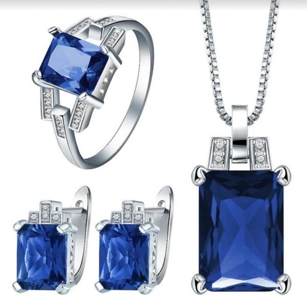 

earrings & necklace 3pcs/set trend silver color jewelry sets for women red blue green crystal pendant stud ring party