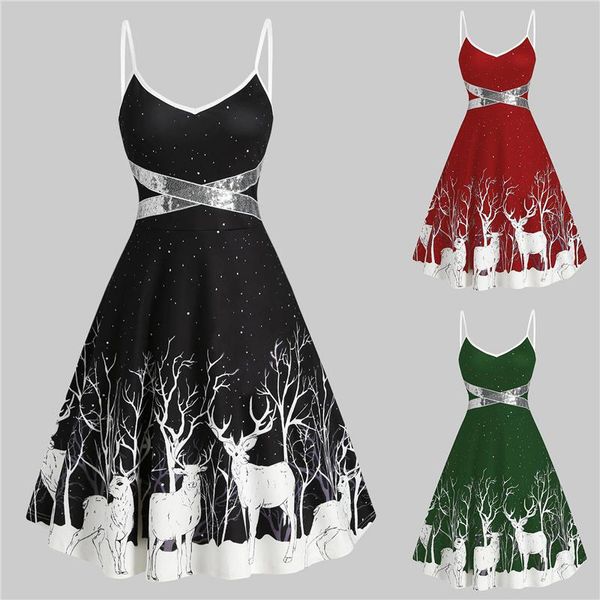 

casual dresses christmas print winter party sequin patchwork sleeveless dress deer skater club night, Black;gray