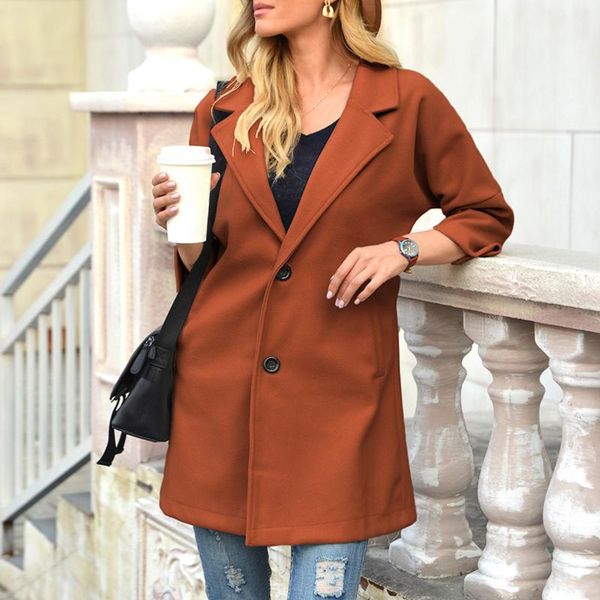 

fashion casual women coat winter solid color coats turn-down collar three quarter sleeve button pocket long outer women's wool & blend, Black