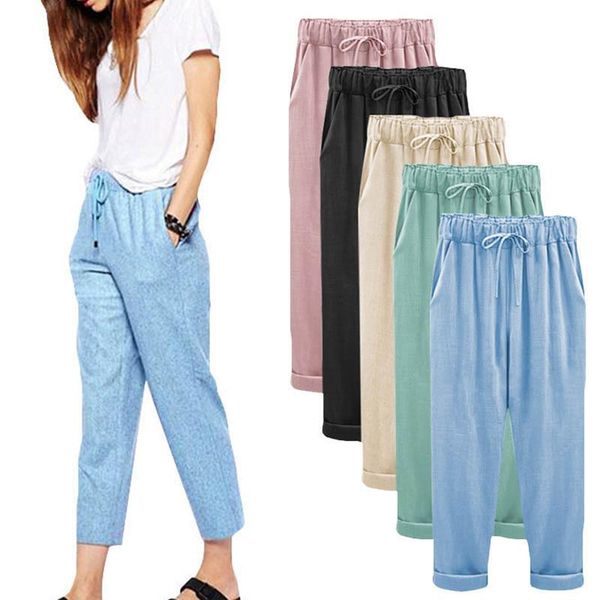 

women's jumpsuits & rompers laamei female imitation cotton and linen plus size loose thin section solid color nine pants womens jumpsui, Black;white