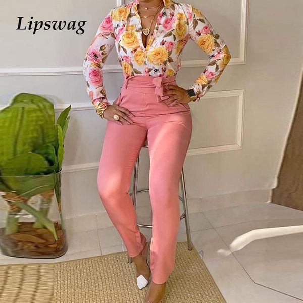 

casual women shirt two piece sets 2021 elegant long sleeve office lady suits fashion floral print blouse and pants outfits women's, White
