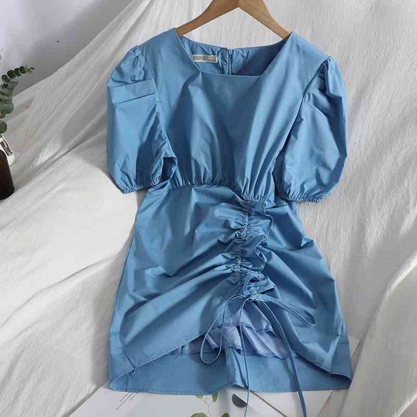 

casual dresses korean ruffles drawstring tie was thin bag hip short dress women summer temperament solid color high waist mini cpo, Black;gray