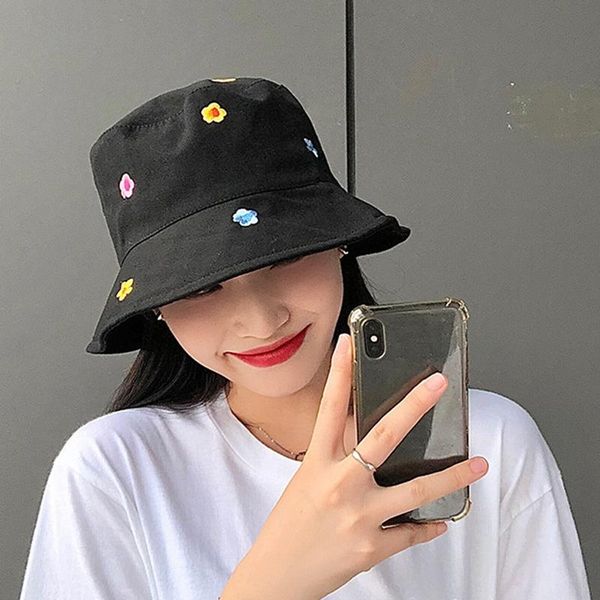 

wide brim hats cotton flower embroidery bucket hat fisherman outdoor travel sun cap for men and women, Blue;gray