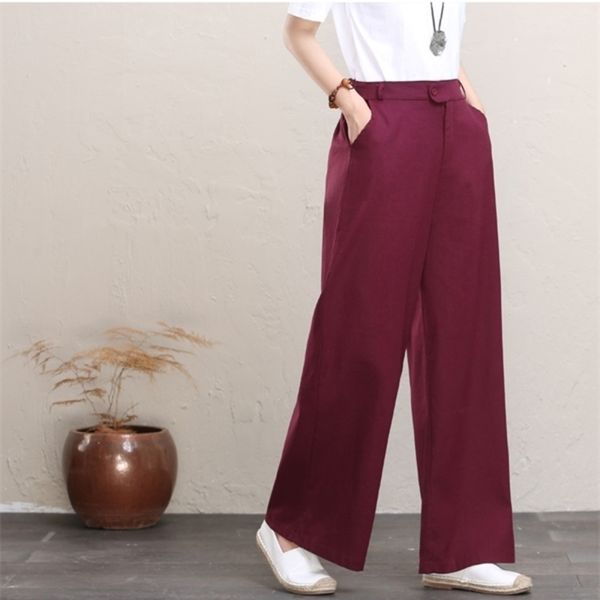 Plus Größe Frauen Baumwolle Leinen Hosen gerade Beine Breite Design Dame normale Hose gute Qualität Design Leinen lange lose Hosen Q0801