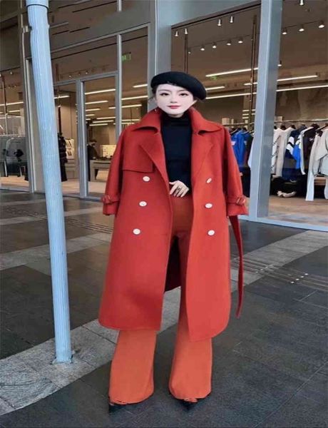 

women's wool & blends coat brand designer autumn and winter long cashmere jacket single-breasted fashion lace-up long-sleeved loose wom, Black