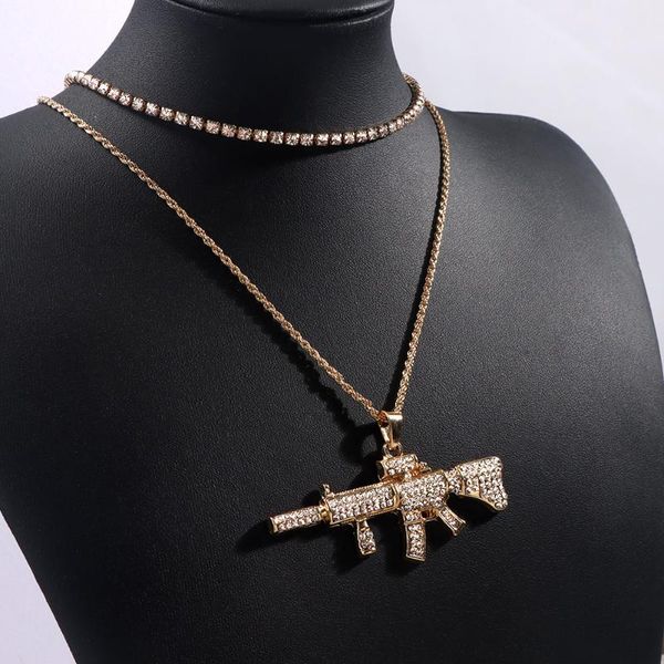 

chains hiphop layered crystal pistol pendant necklace for women gold silver color rhinestone tennis choker rope chain party jewely