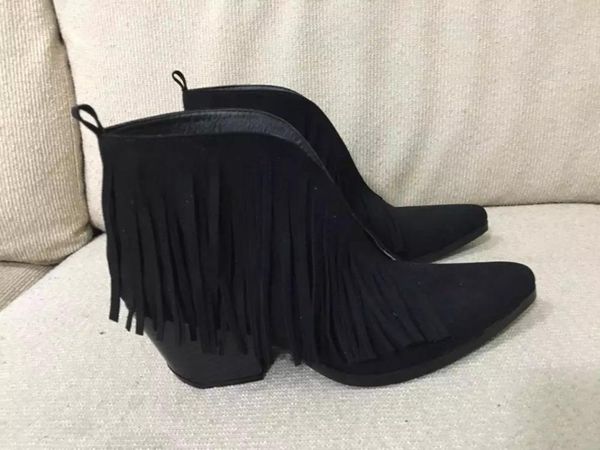 

boots retro fringe flock chunky ankel leather blue women middle heel ankle booties woman spring autumn tassel short, Black
