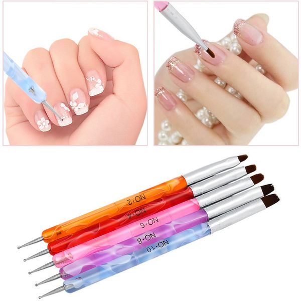 

5 pcs/set double ended nail art painting diy design brush with stainless dotting pen for manicure gel polish accessories tool nab005, Yellow