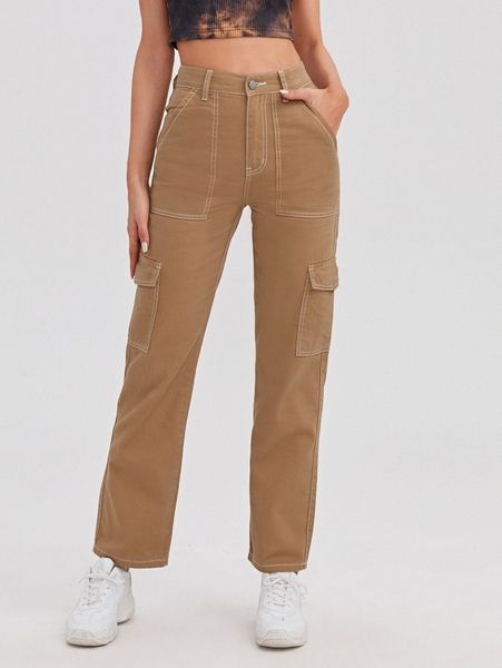 

high waist flap pocket whip stitch cargo jeans z1sf#, Blue