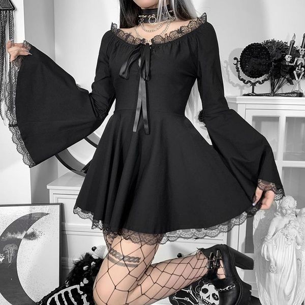 

casual dresses punk gothic a-lin dress retro mall grunge black lace tirm flare sleeve high waist mini e-girl harajuju halloween clothes, Black;gray