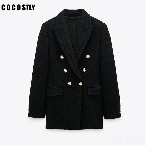 

women 2021 fashion office wear double breasted tweed blazer coat vintage long sleeve pockets female outerwear chic women's suits & bla, White;black