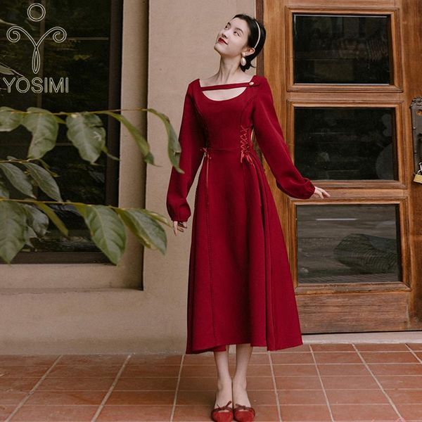 

casual dresses yosimi 2021 autumn red wine long women dress vintage o-neck mid-calf female bandage sleeve elegant vestido feminino, Black;gray