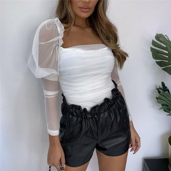 

white puff sleeve tulle blouses ladies long backless shirts blusa autumn streetwear fit slim clubwear women's