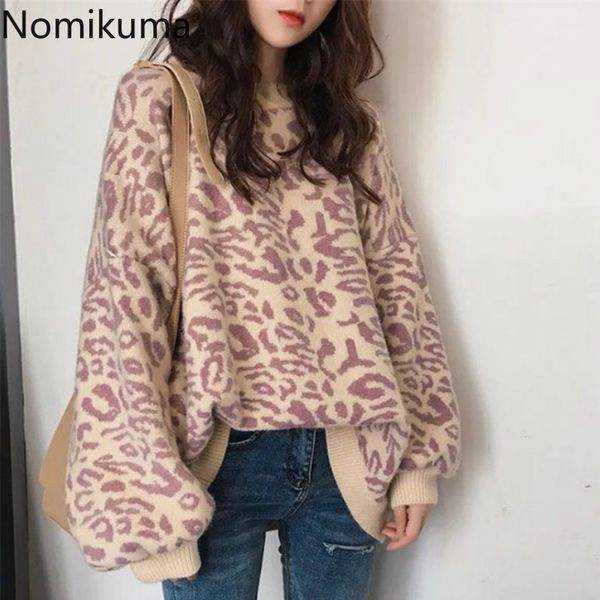 

nomikuma arrival leopard pullovers o neck long sleeve loose sweater women korean sweet jumpers female sueter mujer 3b867 210514, White;black