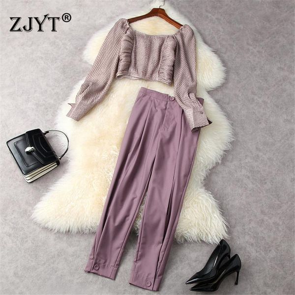 

high street fashion summer party two piece outfits women full sleeve crop and pants suit matching sets women's, White