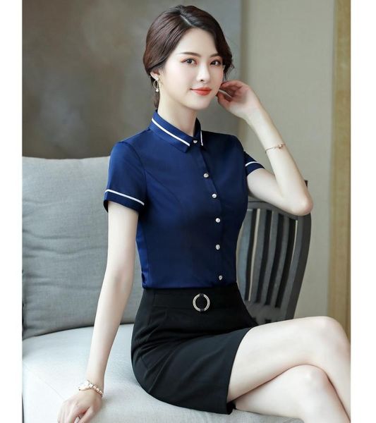 

women's blouses & shirts fashion ladies navy blue women work wear suits 2 piece skirt and sets business clothes, White