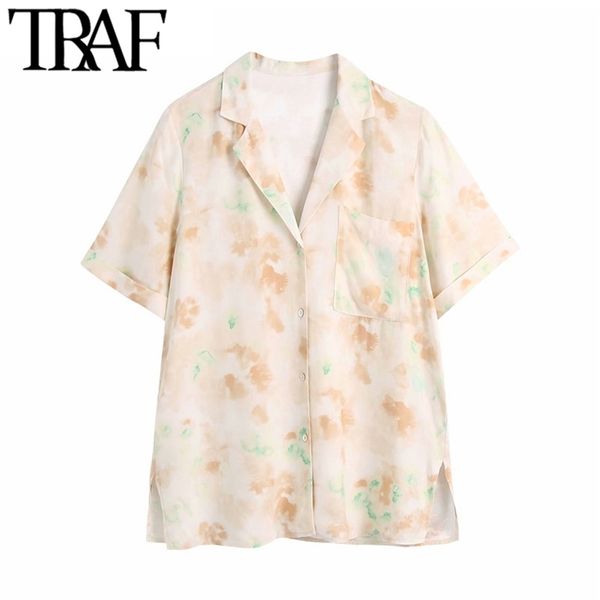 

women fashion tie-dye print loose blouses vintage short sleeve button-up side vents female shirts blusas chic 210507, White