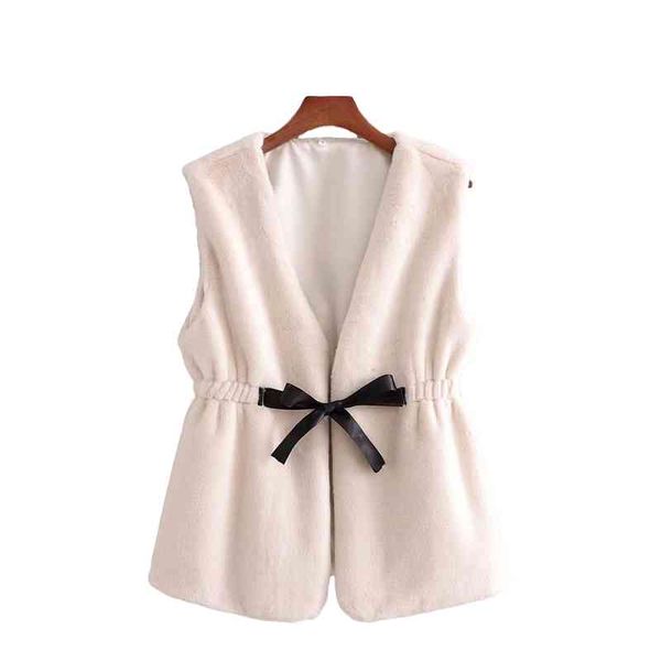 Elegante donna morbida gilet in pelliccia sintetica moda donna tinta unita bianco con scollo a V cappotti streetwear donna elegante fiocco telai 210427