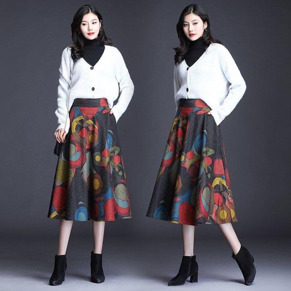 

skirts 2021 women autumn winter slim elegant woolen female casual print high waist a-line skirt lady pleated mid-long f55, Black