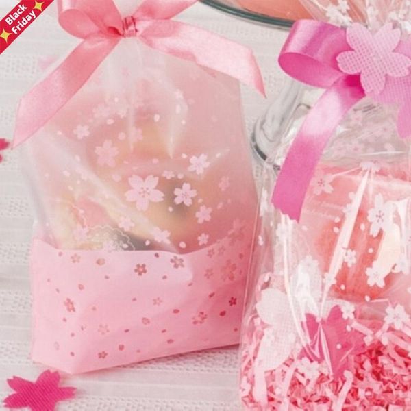 

100pcs 16x26cm pink cherry blossom printing transparent gift packaging bags plastic bag for candy and sweets christmas wrap