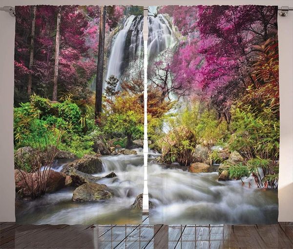 

curtain & drapes waterfall curtains in colorful forest bushes feigned stream trees grass living room bedroom window brown