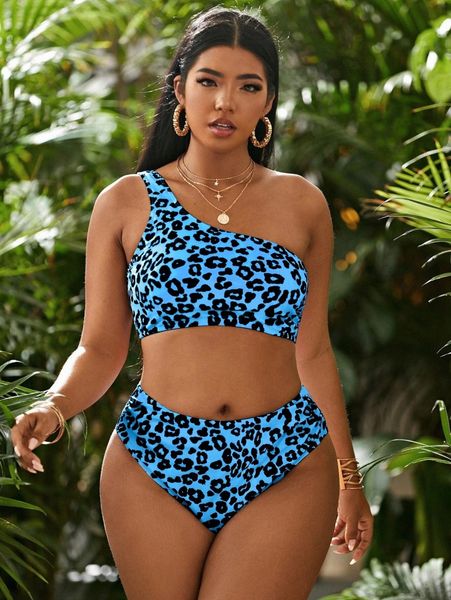 

plus leopard one shoulder high waisted bikini swimsuit 12kr#, Black