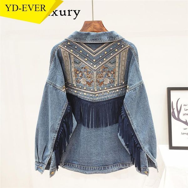 

women's jackets denim women jacket spring vintage floral embroidery suede fringe loose coat long sleeve outerwear female boho, Black;brown
