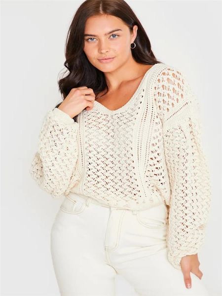 

women's sweaters casual long-sleeved solid color loose knit blouse v-neck cutout sweater women cropped wild pullover, White;black