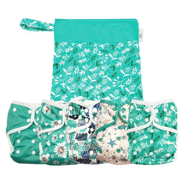 

cloth diapers washable eco-friendly five pieces green diaper with nappy bag
