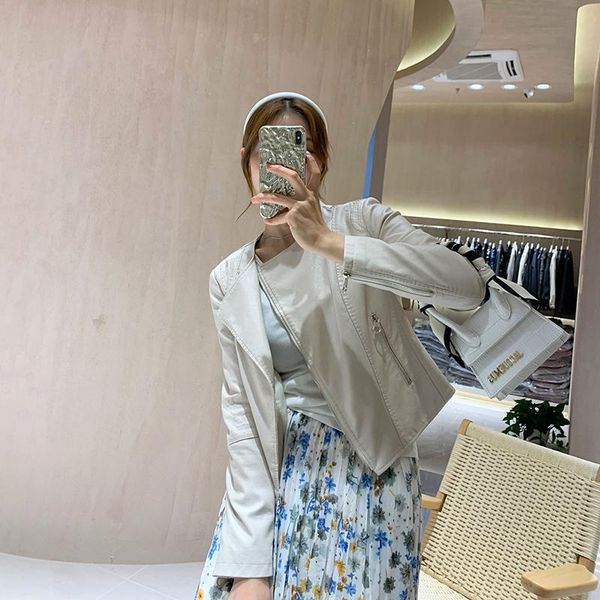 

women's leather & faux o neck slim short motorcycle biker jacket brown beige black women coat autumn korean long sleeve outerwear